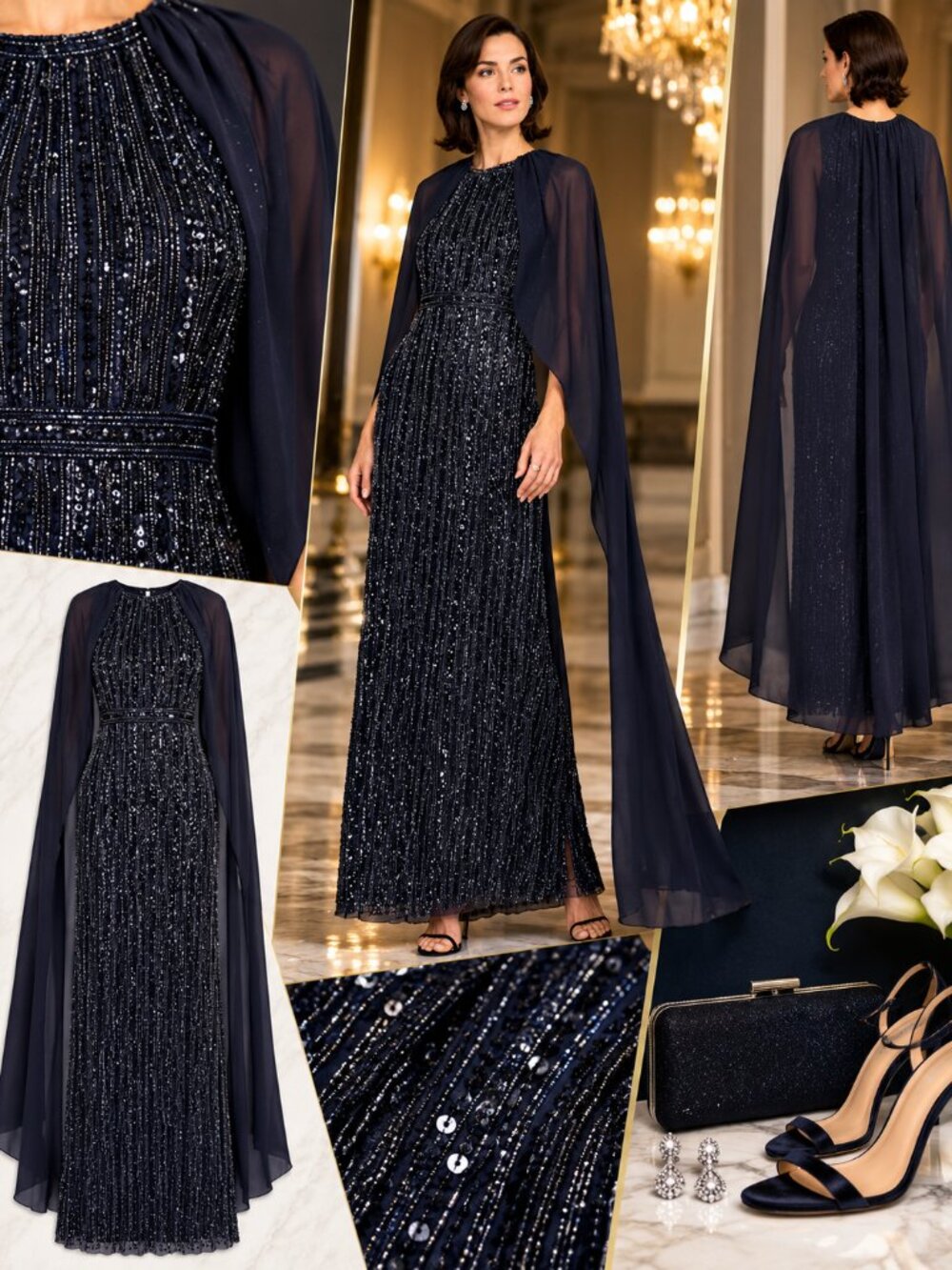 Aidan Mattox Navy Beaded Sequin Cape Long Formal Gown Dress 12 NWT